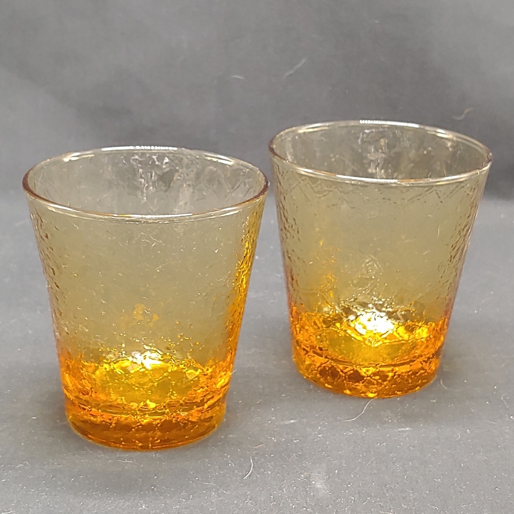 Pair of Vintage Amber Crackle GlassTumblers